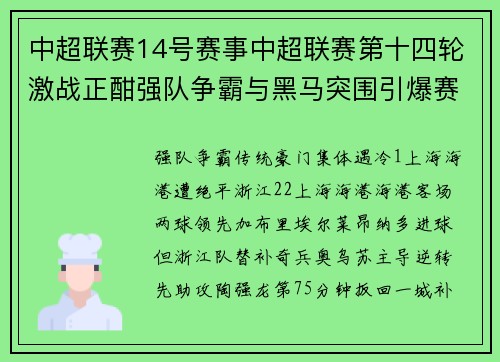 中超联赛14号赛事中超联赛第十四轮激战正酣强队争霸与黑马突围引爆赛季焦点